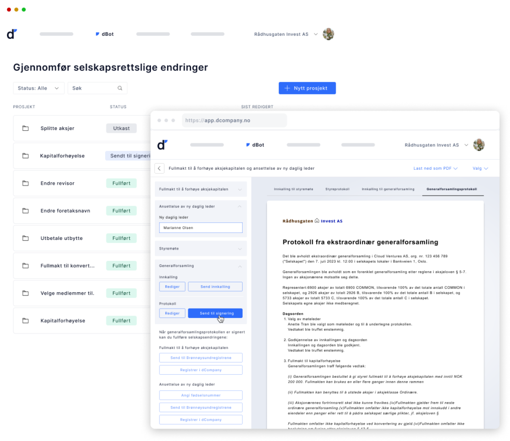 dCompanys dBot automatiserer dokumentasjonen som trengs ved flere selskapshendelser; her vises prokotoll fra ekstraordinær generalforsamling som vedtok fullmakt til å forhøye aksjekapital og ansettelse av ny daglig leder.