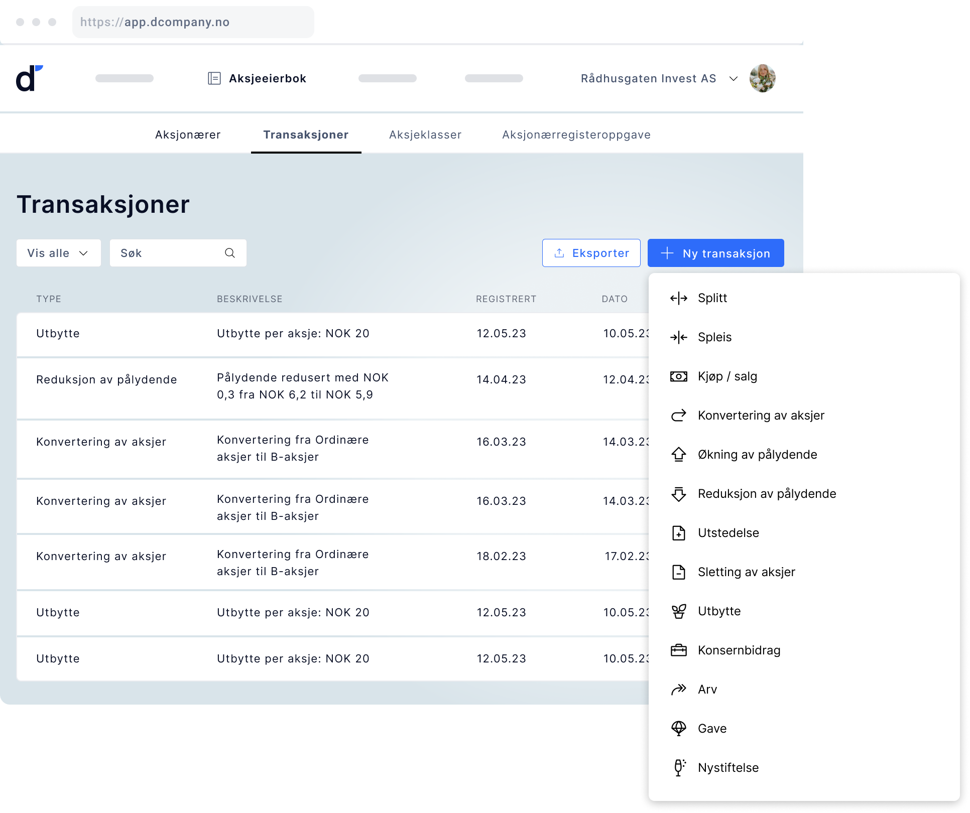 Transaction log in dCompany provides an overview of all historical transactions as well as options to register new transactions in a number of categories.