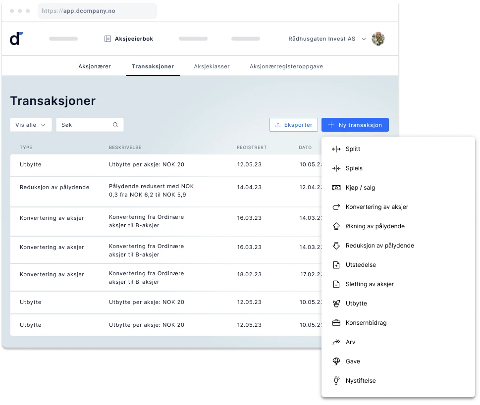 The transaction log in dCompany provides an overview of all historical transactions as well as options to register new transactions in a number of categories.
